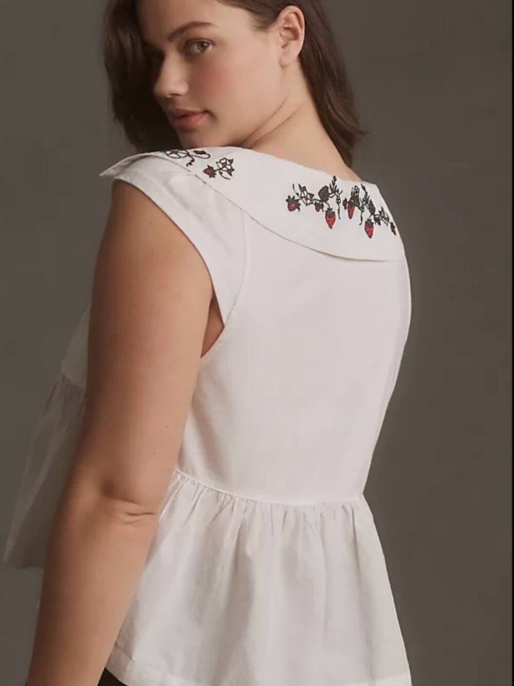 Maeve Anthropologie Strawberry Floral Embroidered Babydoll Peplum Top White 1X - Picture 2 of 9